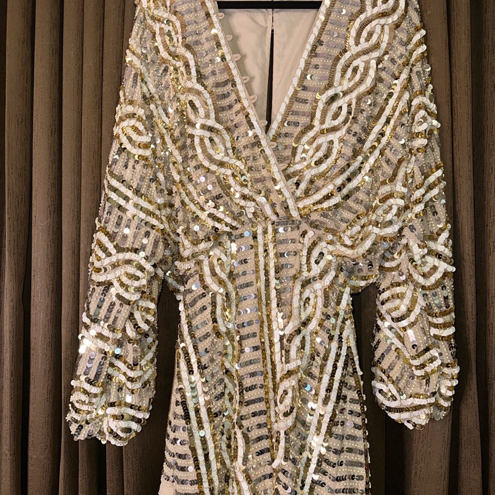 ASOS Beaded Long Sleeve Sequin Dress in White and Gold